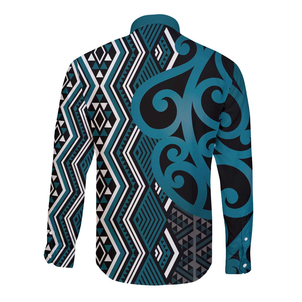 Maori Taniko Patterns Long Sleeve Button Shirt Azure Patiki Motifs Mix Whakairo Ngaru LT7 - Polynesian Pride