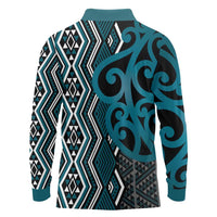 Maori Taniko Patterns Long Sleeve Polo Shirt Azure Patiki Motifs Mix Whakairo Ngaru