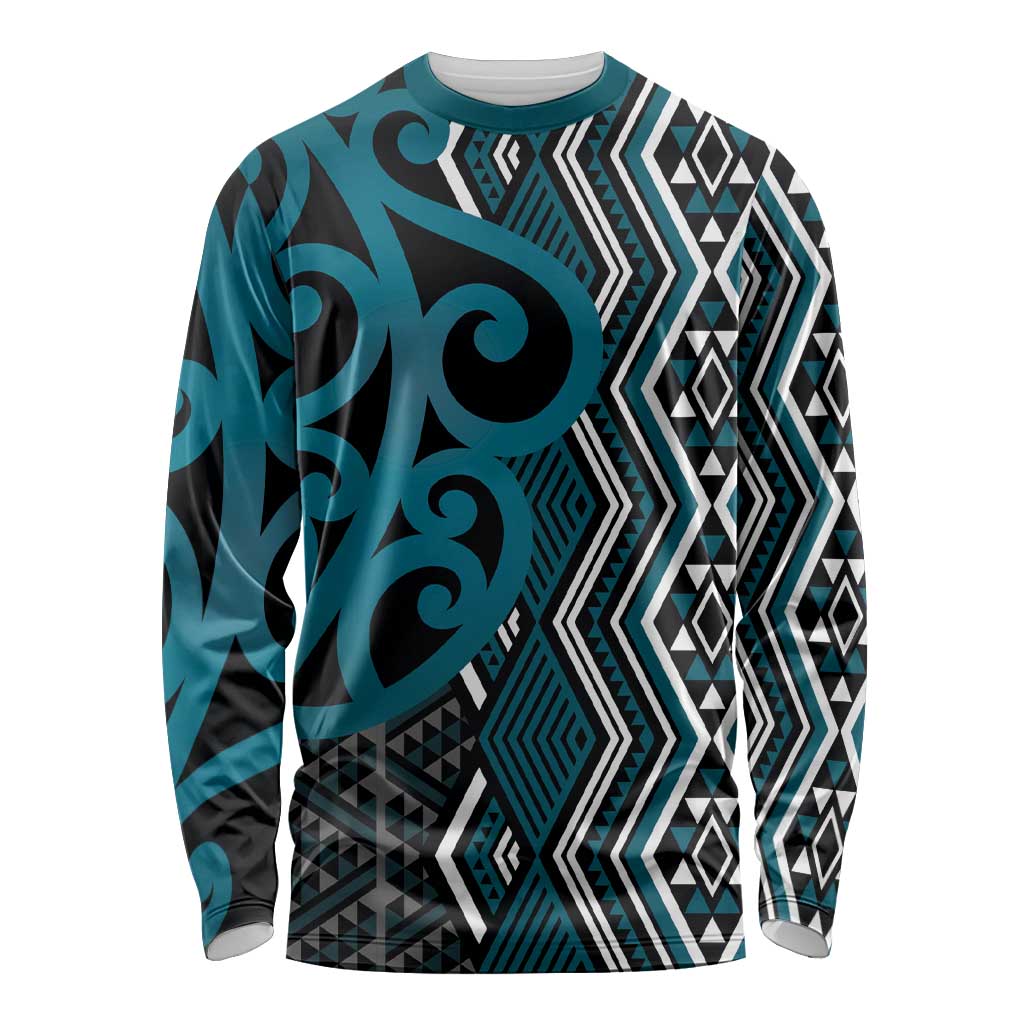 Maori Taniko Patterns Long Sleeve Shirt Azure Patiki Motifs Mix Whakairo Ngaru