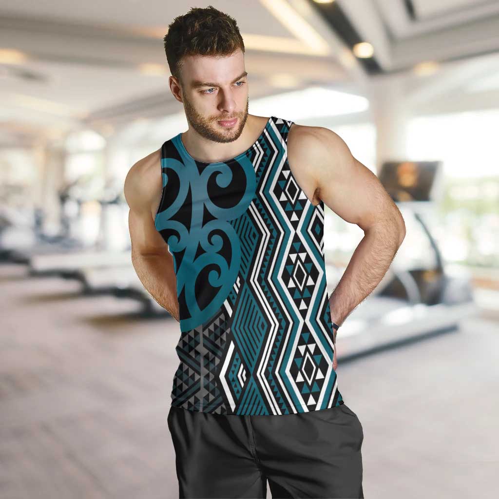 Maori Taniko Patterns Men Tank Top Azure Patiki Motifs Mix Whakairo Ngaru LT7 Azure - Polynesian Pride