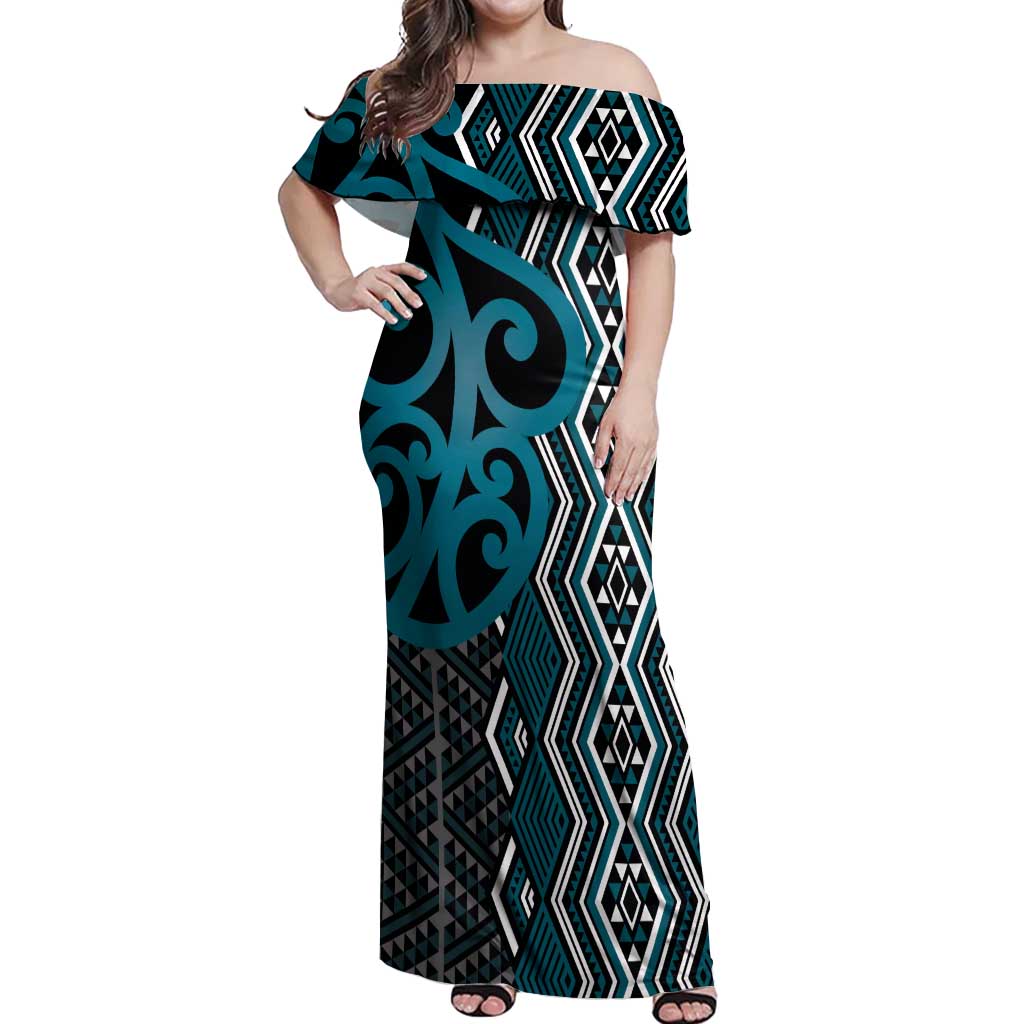 Maori Taniko Patterns Off Shoulder Maxi Dress Azure Patiki Motifs Mix Whakairo Ngaru LT7 Women Azure - Polynesian Pride