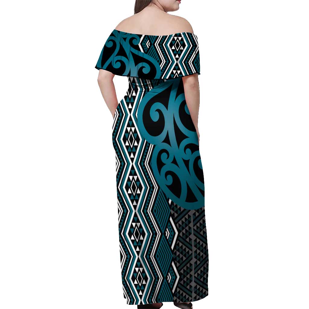 Maori Taniko Patterns Off Shoulder Maxi Dress Azure Patiki Motifs Mix Whakairo Ngaru LT7 - Polynesian Pride