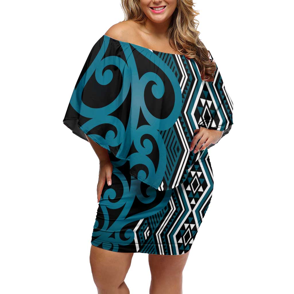 Maori Taniko Patterns Off Shoulder Short Dress Azure Patiki Motifs Mix Whakairo Ngaru
