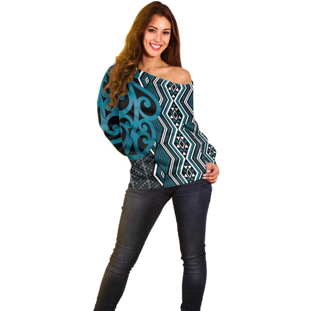 Maori Taniko Patterns Off Shoulder Sweater Azure Patiki Motifs Mix Whakairo Ngaru