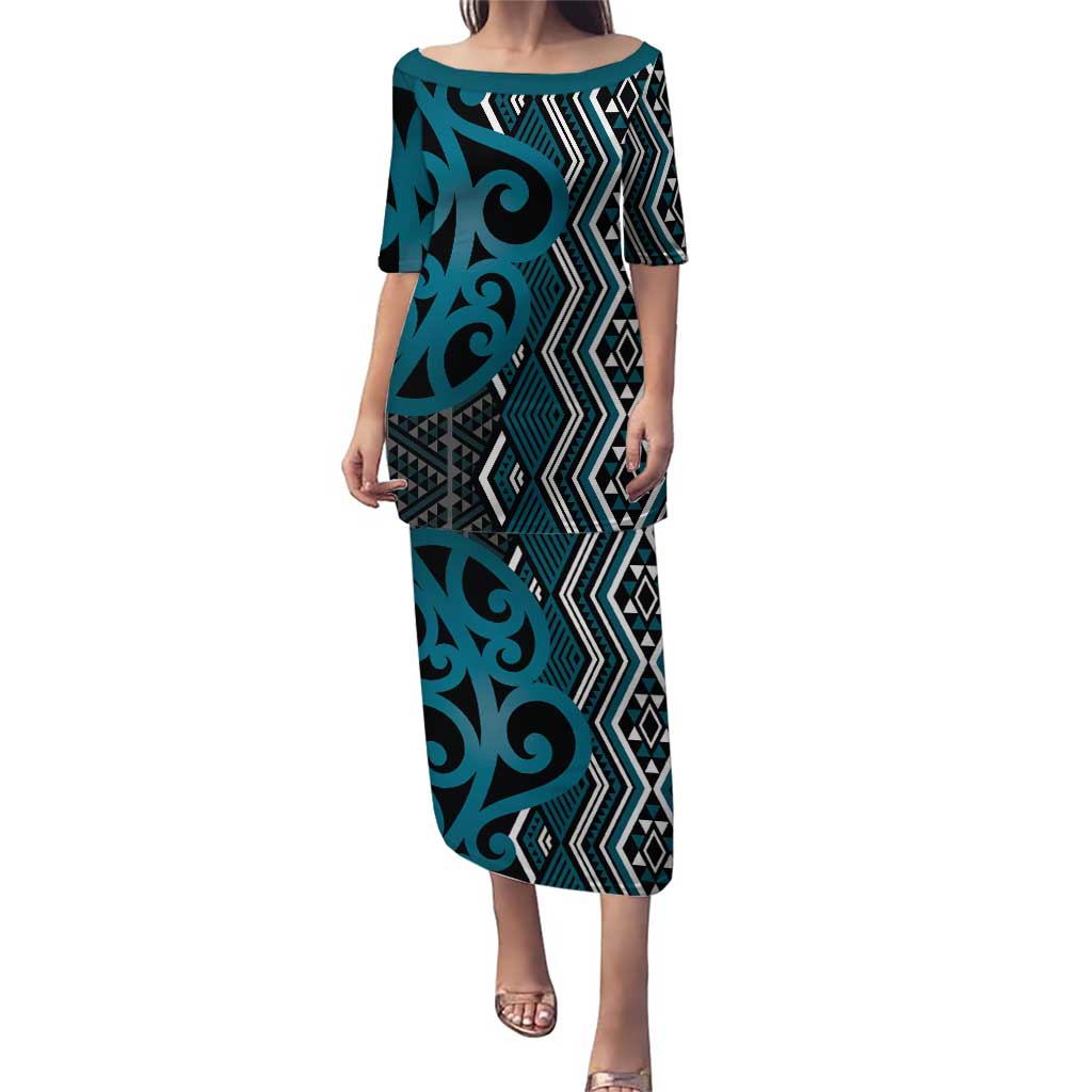 Maori Taniko Patterns Puletasi Azure Patiki Motifs Mix Whakairo Ngaru LT7 Long Dress Azure - Polynesian Pride