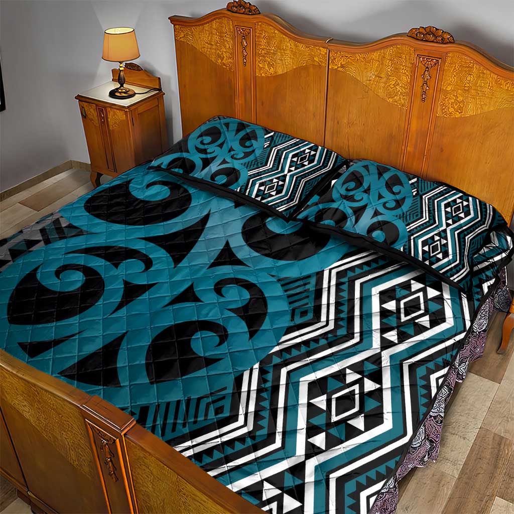 Maori Taniko Patterns Quilt Bed Set Azure Patiki Motifs Mix Whakairo Ngaru LT7 - Polynesian Pride