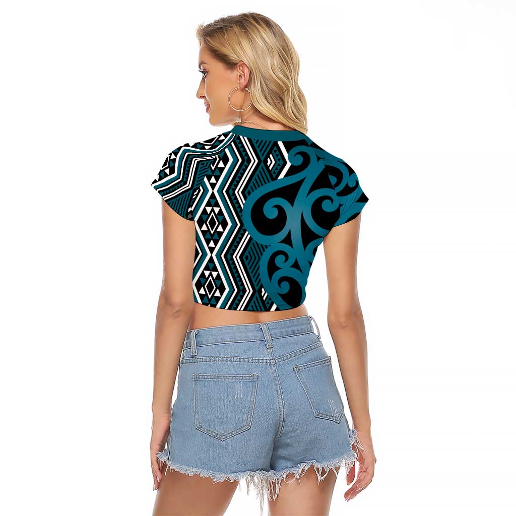 Maori Taniko Patterns Raglan Cropped T Shirt Azure Patiki Motifs Mix Whakairo Ngaru LT7 - Polynesian Pride