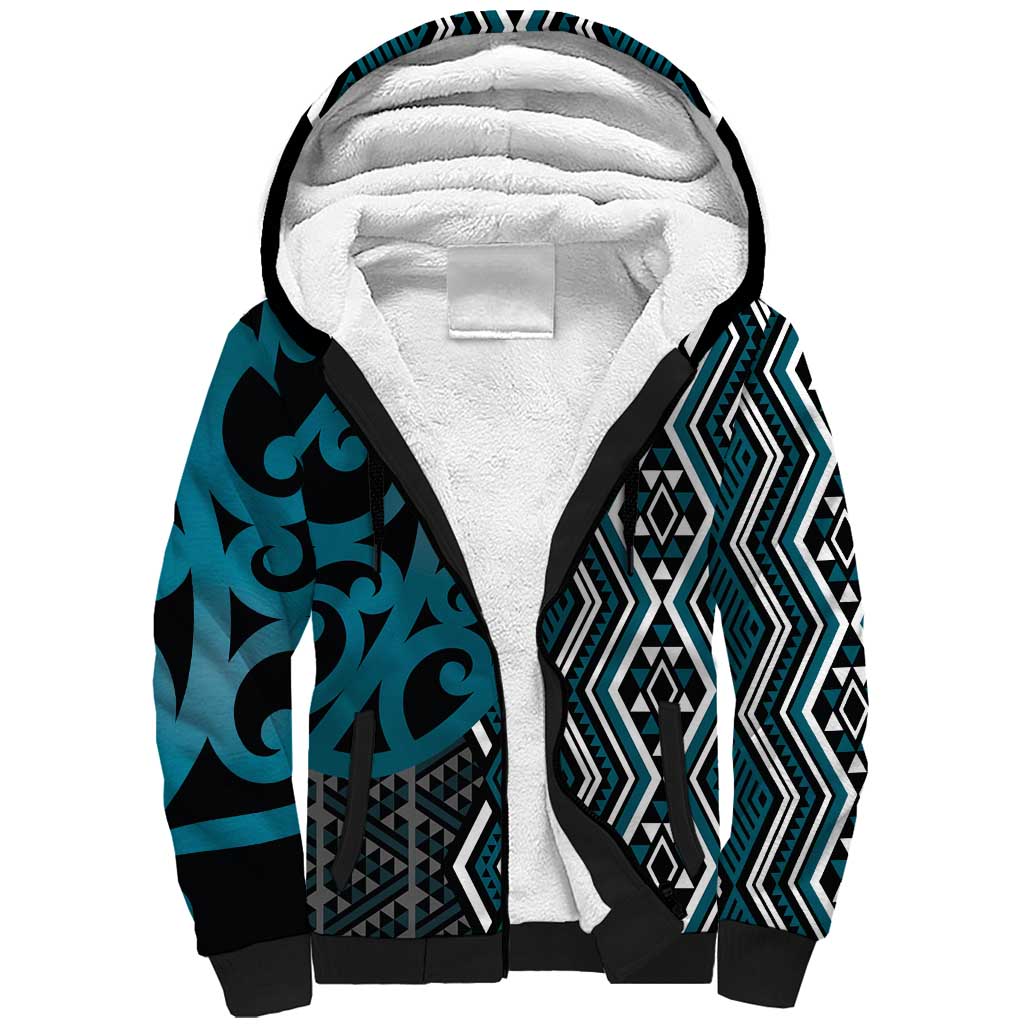 Maori Taniko Patterns Sherpa Hoodie Azure Patiki Motifs Mix Whakairo Ngaru LT7 Unisex Azure - Polynesian Pride