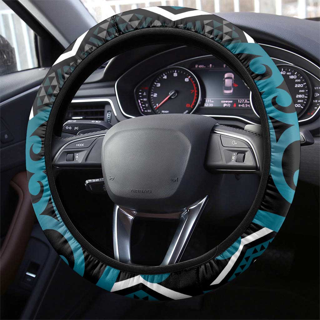 Maori Taniko Patterns Steering Wheel Cover Azure Patiki Motifs Mix Whakairo Ngaru LT7 - Polynesian Pride