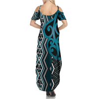 Maori Taniko Patterns Summer Maxi Dress Azure Patiki Motifs Mix Whakairo Ngaru LT7 - Polynesian Pride