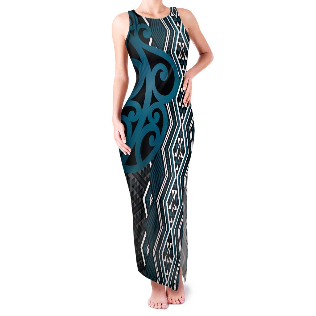 Maori Taniko Patterns Tank Maxi Dress Azure Patiki Motifs Mix Whakairo Ngaru LT7 Women Azure - Polynesian Pride