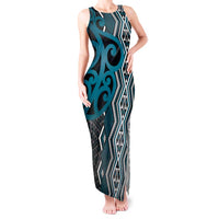 Maori Taniko Patterns Tank Maxi Dress Azure Patiki Motifs Mix Whakairo Ngaru LT7 Women Azure - Polynesian Pride