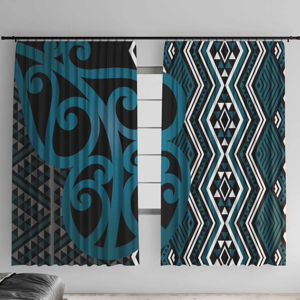 Maori Taniko Patterns Window Curtain Azure Patiki Motifs Mix Whakairo Ngaru LT7 With Hooks Azure - Polynesian Pride