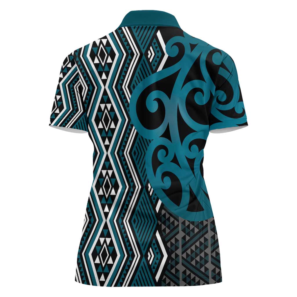 Maori Taniko Patterns Women Polo Shirt Azure Patiki Motifs Mix Whakairo Ngaru