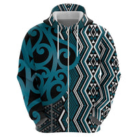 Maori Taniko Patterns Zip Hoodie Azure Patiki Motifs Mix Whakairo Ngaru