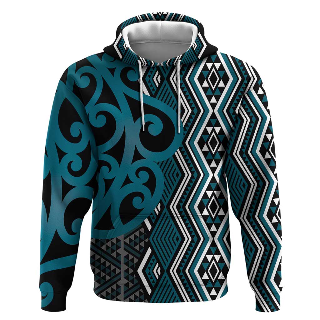 Maori Taniko Patterns Zip Hoodie Azure Patiki Motifs Mix Whakairo Ngaru
