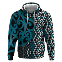 Maori Taniko Patterns Zip Hoodie Azure Patiki Motifs Mix Whakairo Ngaru