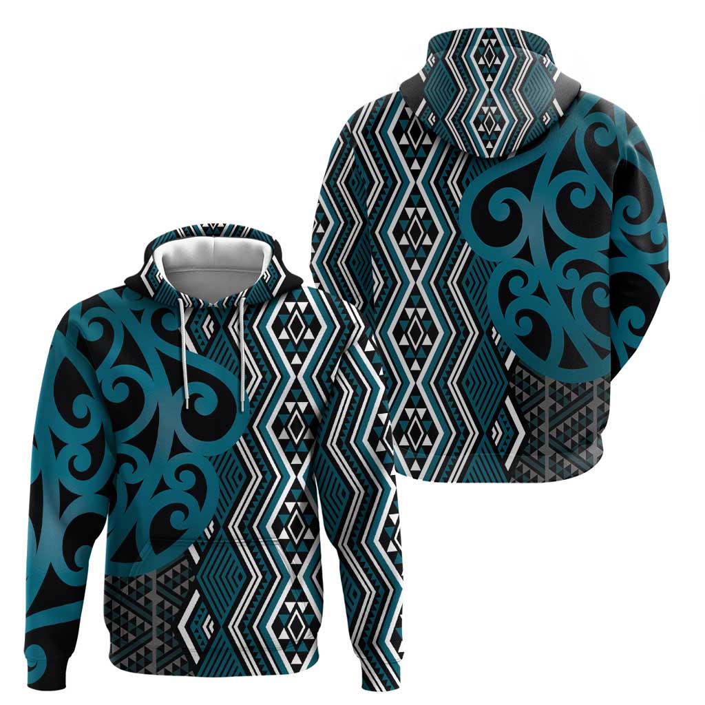 Maori Taniko Patterns Zip Hoodie Azure Patiki Motifs Mix Whakairo Ngaru