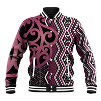 Maori Taniko Patterns Baseball Jacket Pink Patiki Motifs Mix Whakairo Ngaru LT7 Unisex Pink - Polynesian Pride