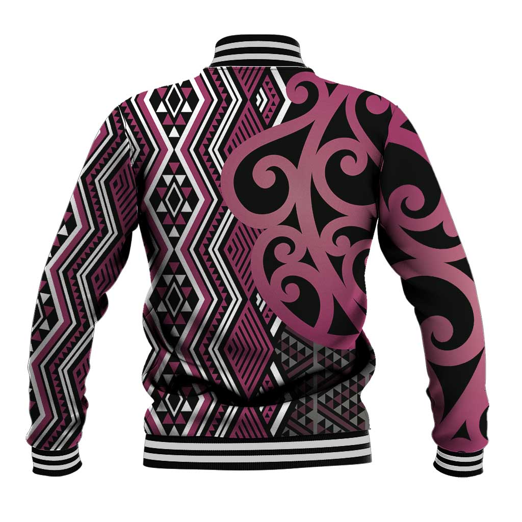 Maori Taniko Patterns Baseball Jacket Pink Patiki Motifs Mix Whakairo Ngaru LT7 - Polynesian Pride