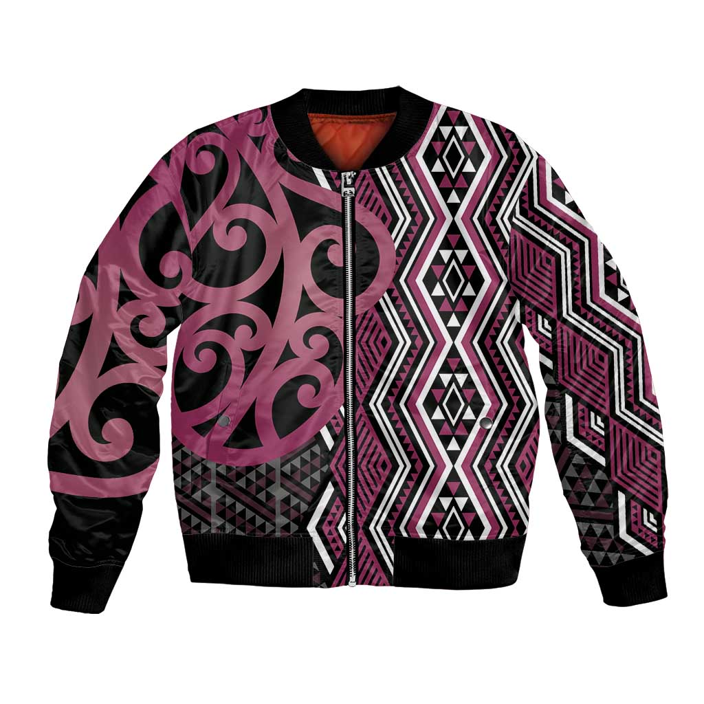 Maori Taniko Patterns Bomber Jacket Pink Patiki Motifs Mix Whakairo Ngaru