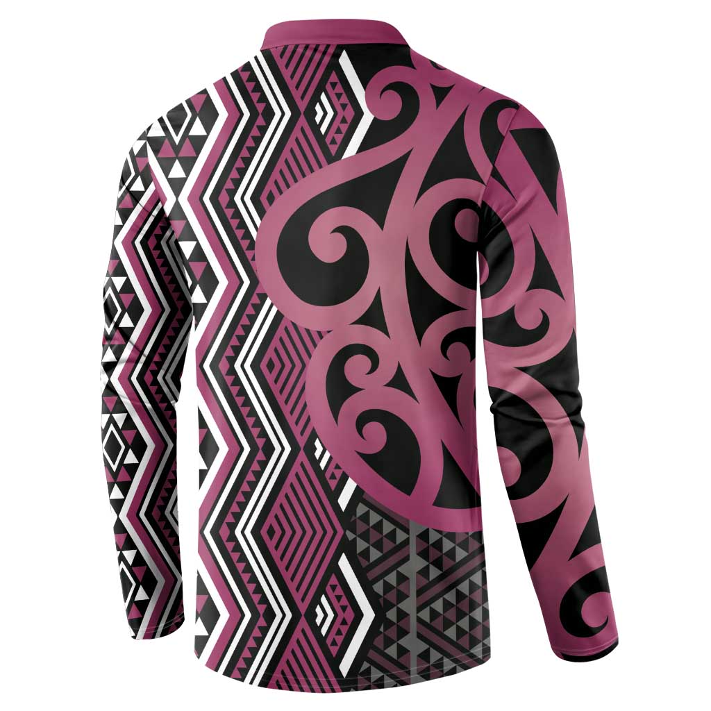 Maori Taniko Patterns Button Sweatshirt Pink Patiki Motifs Mix Whakairo Ngaru LT7 - Polynesian Pride