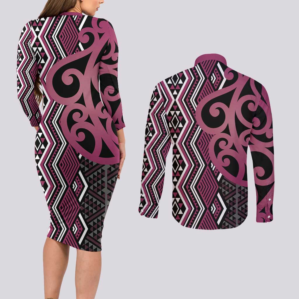 Maori Taniko Patterns Couples Matching Long Sleeve Bodycon Dress and Long Sleeve Button Shirt Pink Patiki Motifs Mix Whakairo Ngaru