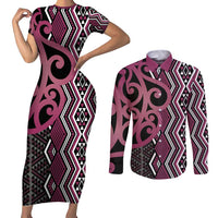 Maori Taniko Patterns Couples Matching Short Sleeve Bodycon Dress and Long Sleeve Button Shirt Pink Patiki Motifs Mix Whakairo Ngaru