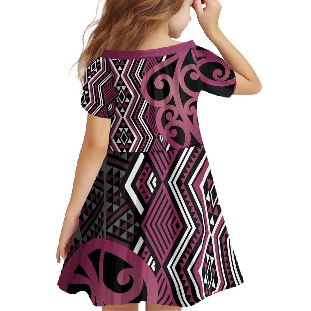 Maori Taniko Patterns Family Matching Long Sleeve Bodycon Dress and Hawaiian Shirt Pink Patiki Motifs Mix Whakairo Ngaru