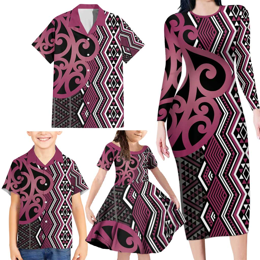 Maori Taniko Patterns Family Matching Long Sleeve Bodycon Dress and Hawaiian Shirt Pink Patiki Motifs Mix Whakairo Ngaru