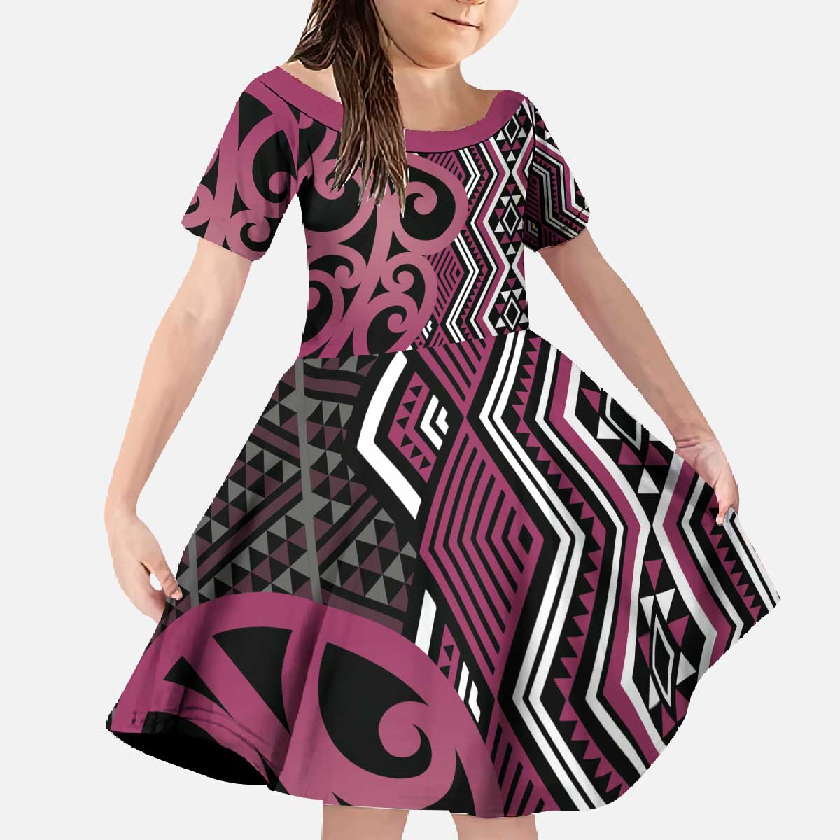Maori Taniko Patterns Family Matching Off The Shoulder Long Sleeve Dress and Hawaiian Shirt Pink Patiki Motifs Mix Whakairo Ngaru