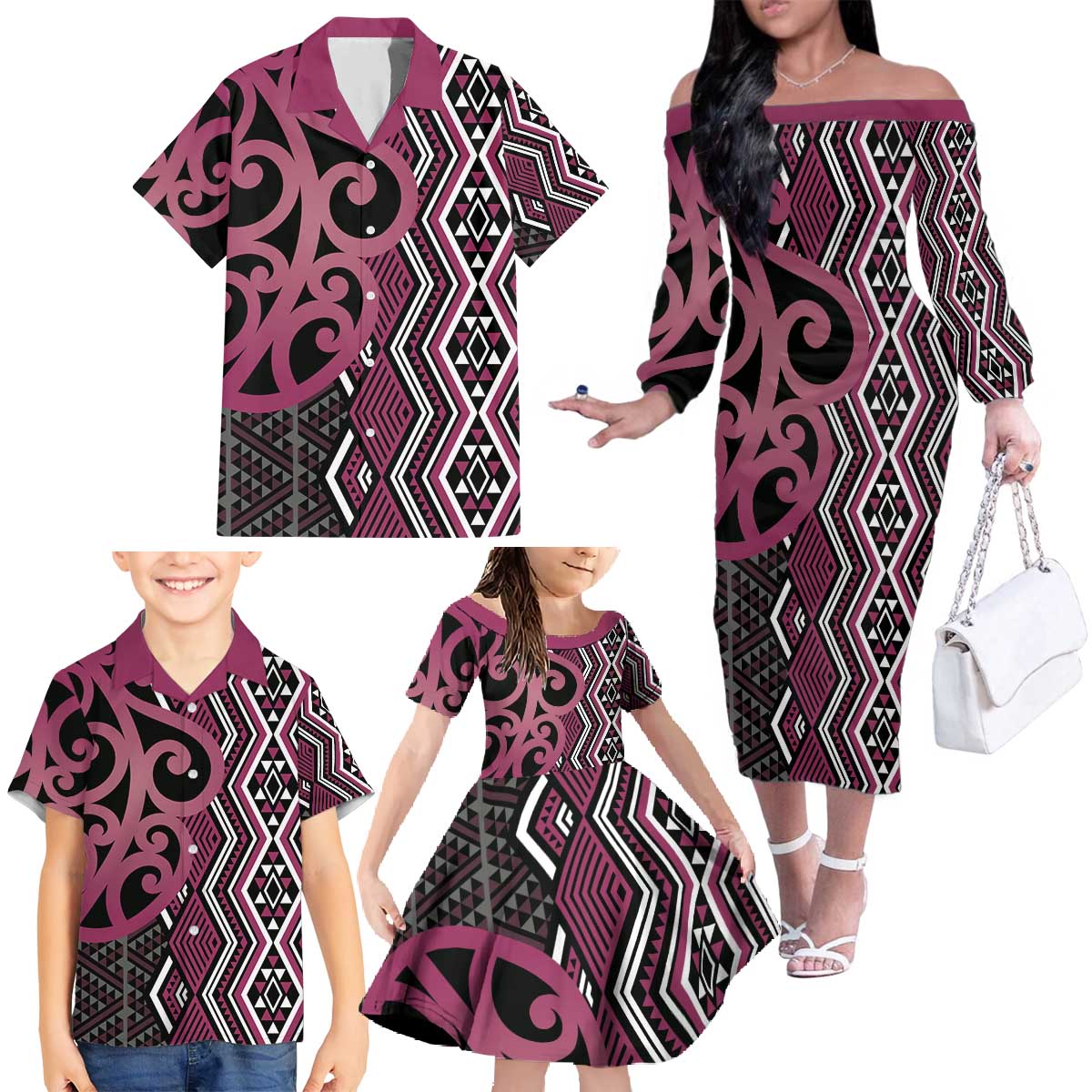 Maori Taniko Patterns Family Matching Off The Shoulder Long Sleeve Dress and Hawaiian Shirt Pink Patiki Motifs Mix Whakairo Ngaru