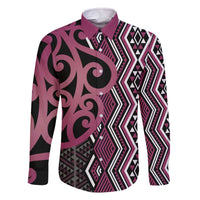 Maori Taniko Patterns Family Matching Off The Shoulder Long Sleeve Dress and Hawaiian Shirt Pink Patiki Motifs Mix Whakairo Ngaru