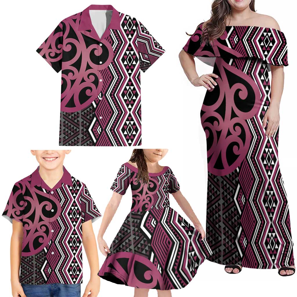 Maori Taniko Patterns Family Matching Off Shoulder Maxi Dress and Hawaiian Shirt Pink Patiki Motifs Mix Whakairo Ngaru