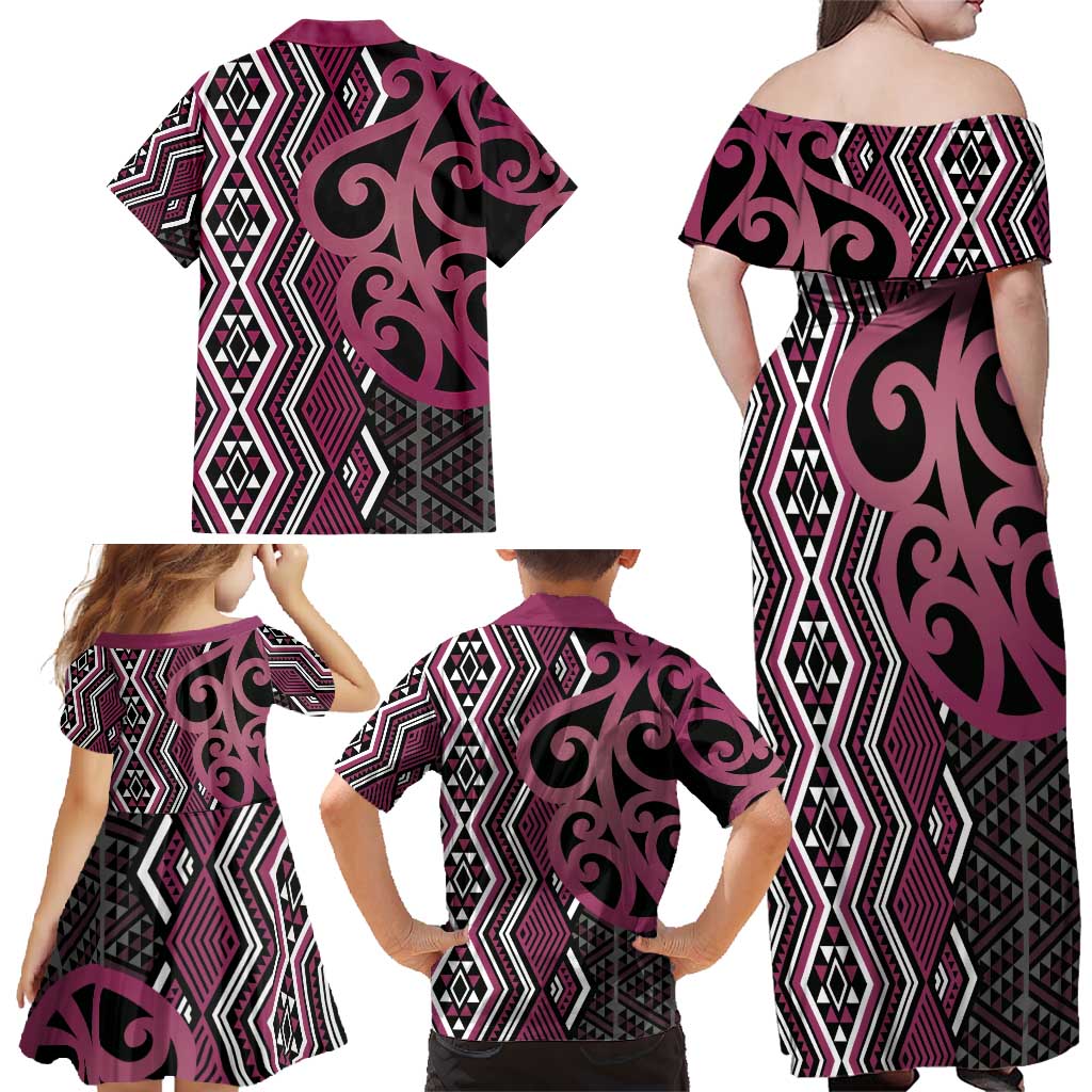 Maori Taniko Patterns Family Matching Off Shoulder Maxi Dress and Hawaiian Shirt Pink Patiki Motifs Mix Whakairo Ngaru