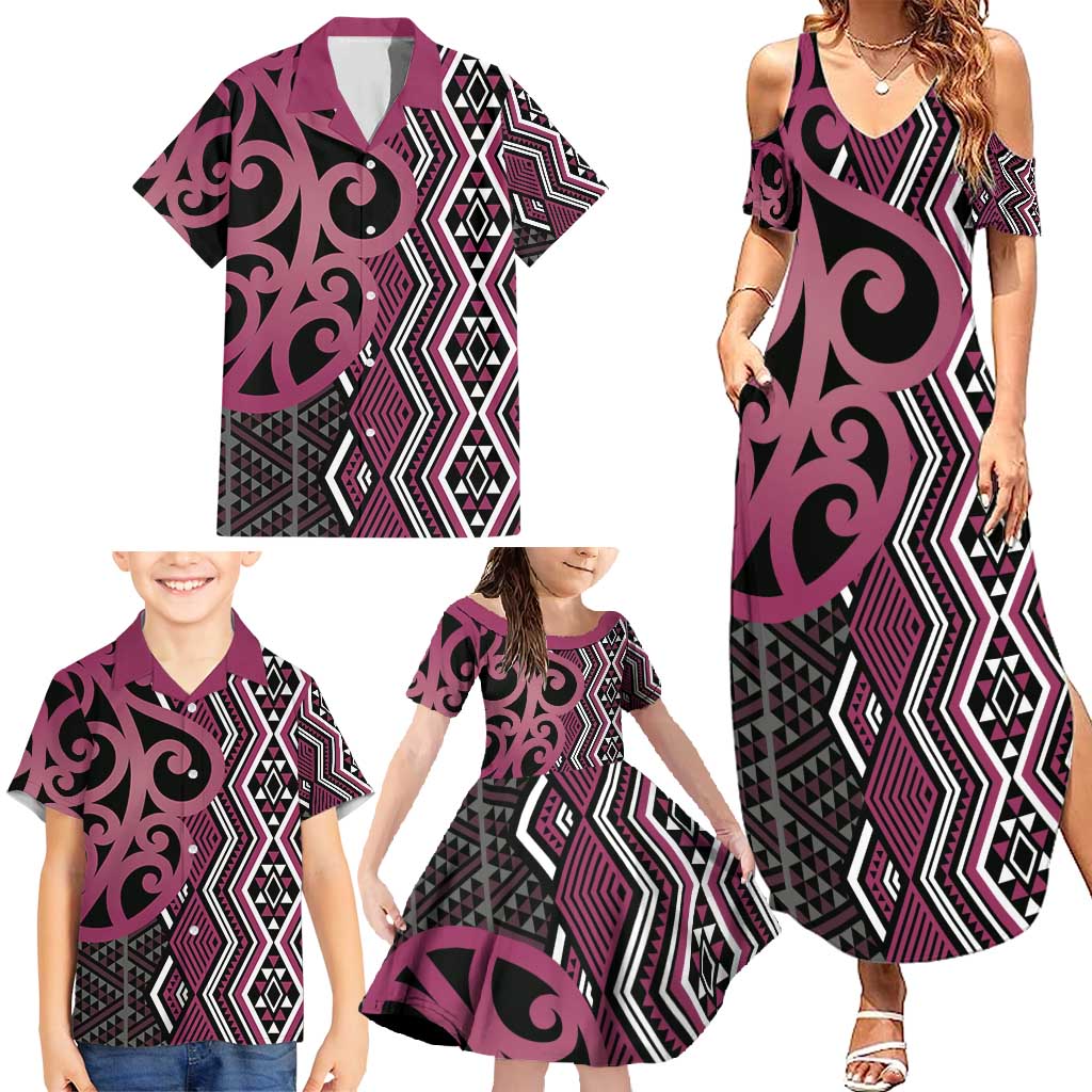 Maori Taniko Patterns Family Matching Summer Maxi Dress and Hawaiian Shirt Pink Patiki Motifs Mix Whakairo Ngaru