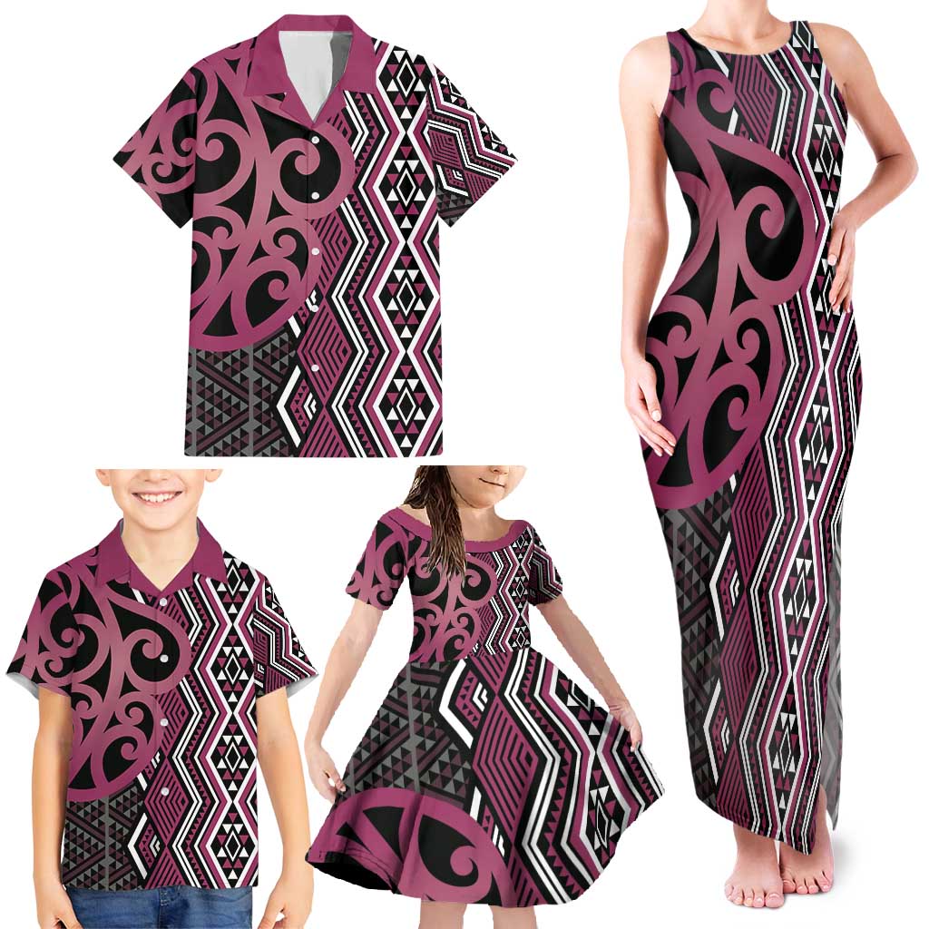 Maori Taniko Patterns Family Matching Tank Maxi Dress and Hawaiian Shirt Pink Patiki Motifs Mix Whakairo Ngaru