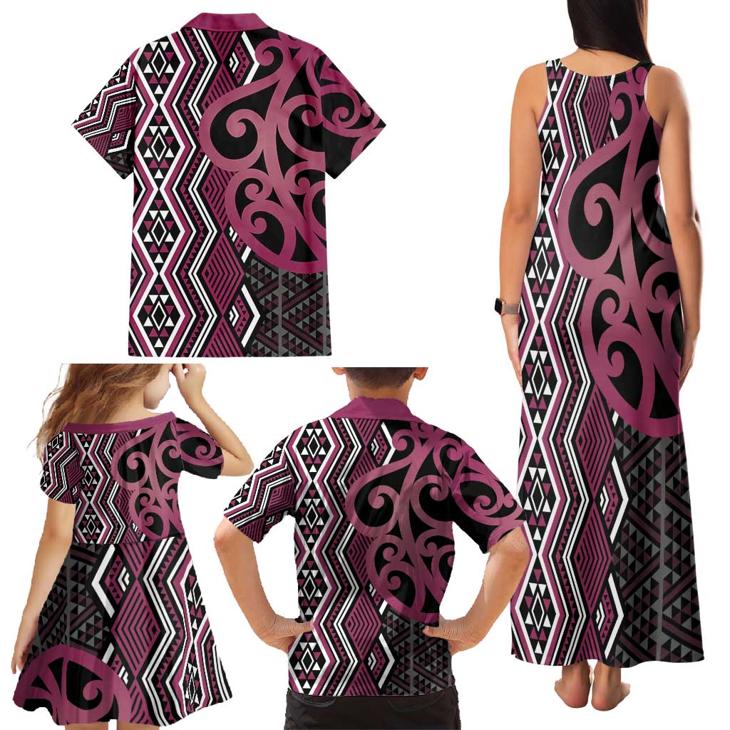 Maori Taniko Patterns Family Matching Tank Maxi Dress and Hawaiian Shirt Pink Patiki Motifs Mix Whakairo Ngaru