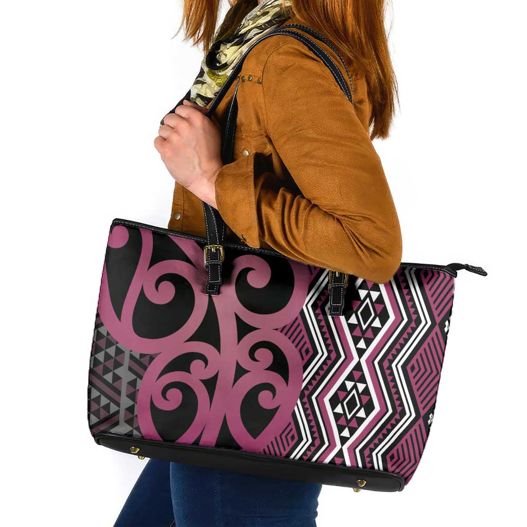 Maori Taniko Patterns Leather Tote Bag Pink Patiki Motifs Mix Whakairo Ngaru