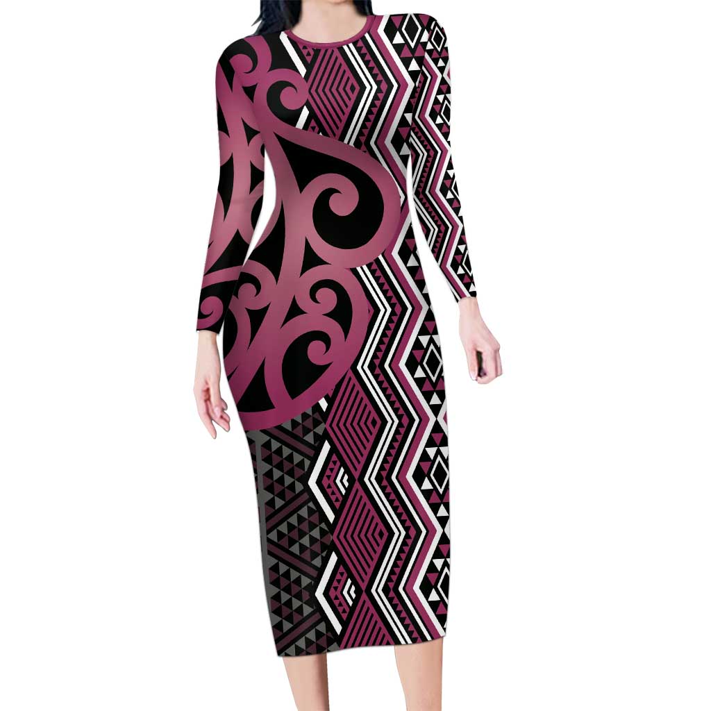 Maori Taniko Patterns Long Sleeve Bodycon Dress Pink Patiki Motifs Mix Whakairo Ngaru