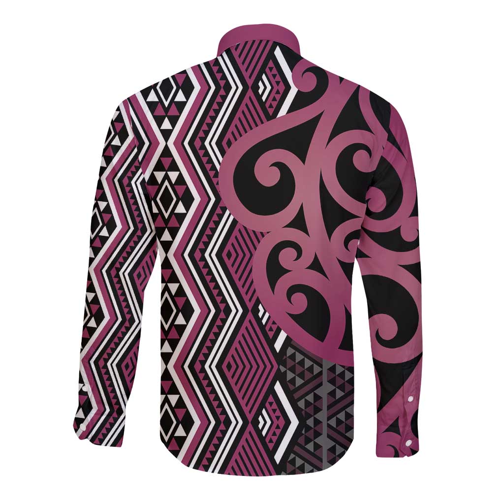 Maori Taniko Patterns Long Sleeve Button Shirt Pink Patiki Motifs Mix Whakairo Ngaru LT7 - Polynesian Pride