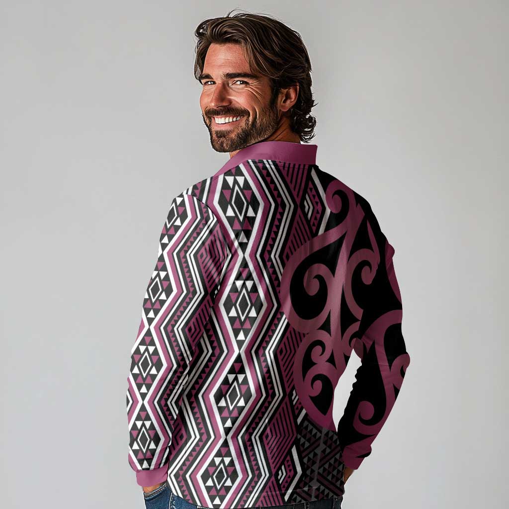 Maori Taniko Patterns Long Sleeve Polo Shirt Pink Patiki Motifs Mix Whakairo Ngaru