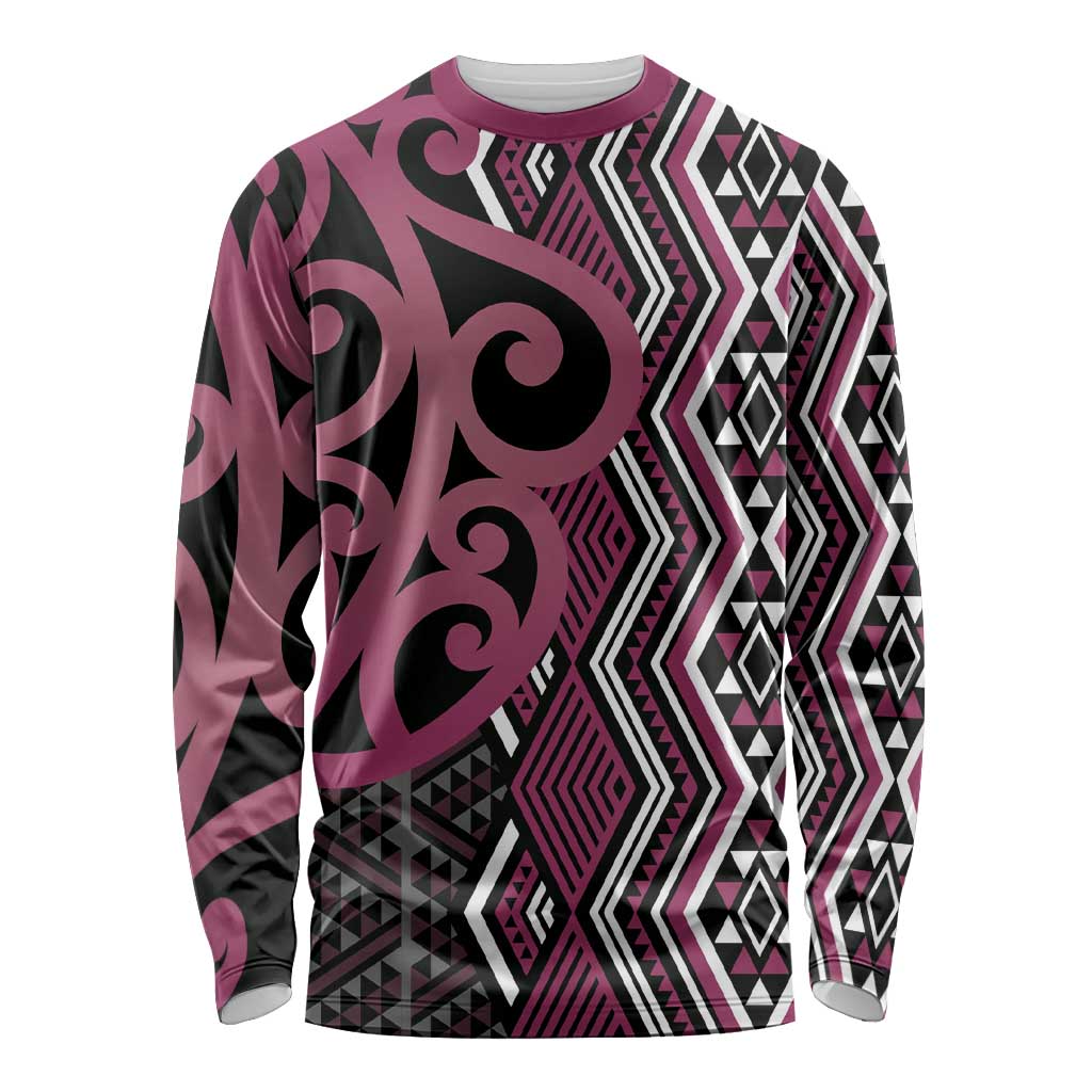 Maori Taniko Patterns Long Sleeve Shirt Pink Patiki Motifs Mix Whakairo Ngaru LT7 Unisex Pink - Polynesian Pride