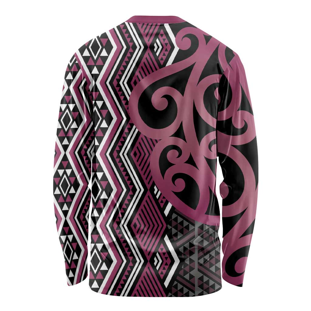 Maori Taniko Patterns Long Sleeve Shirt Pink Patiki Motifs Mix Whakairo Ngaru LT7 - Polynesian Pride