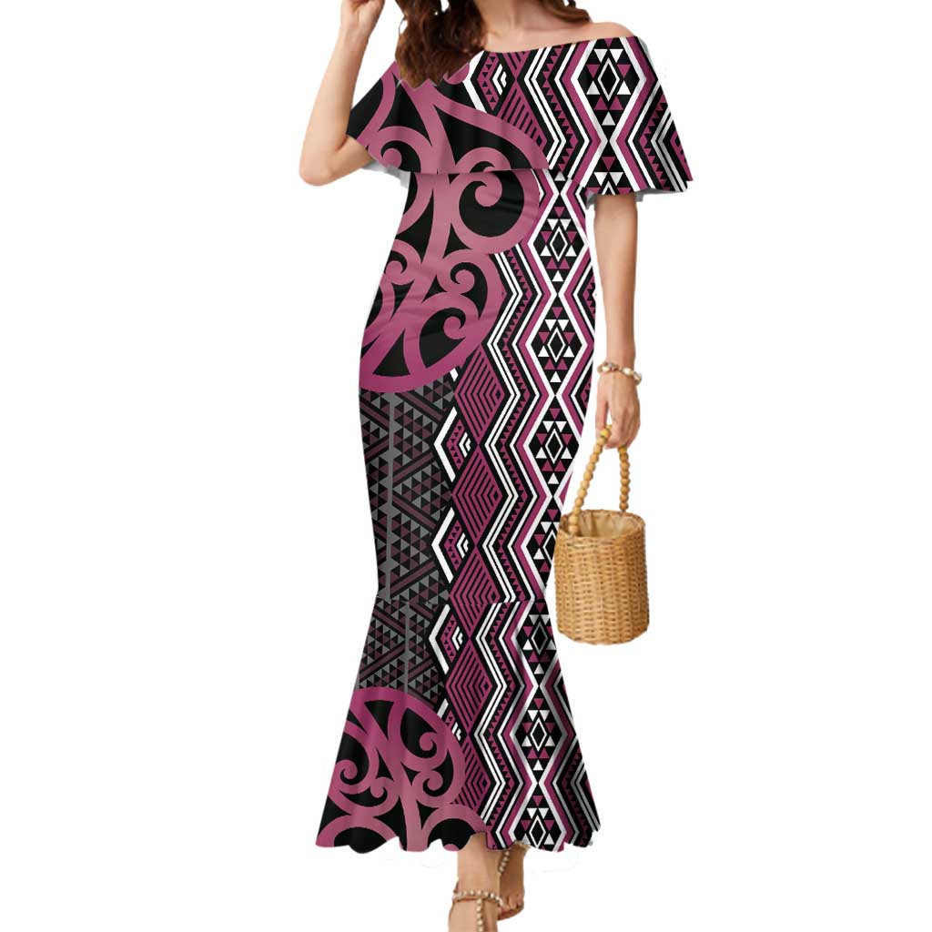 Maori Taniko Patterns Mermaid Dress Pink Patiki Motifs Mix Whakairo Ngaru