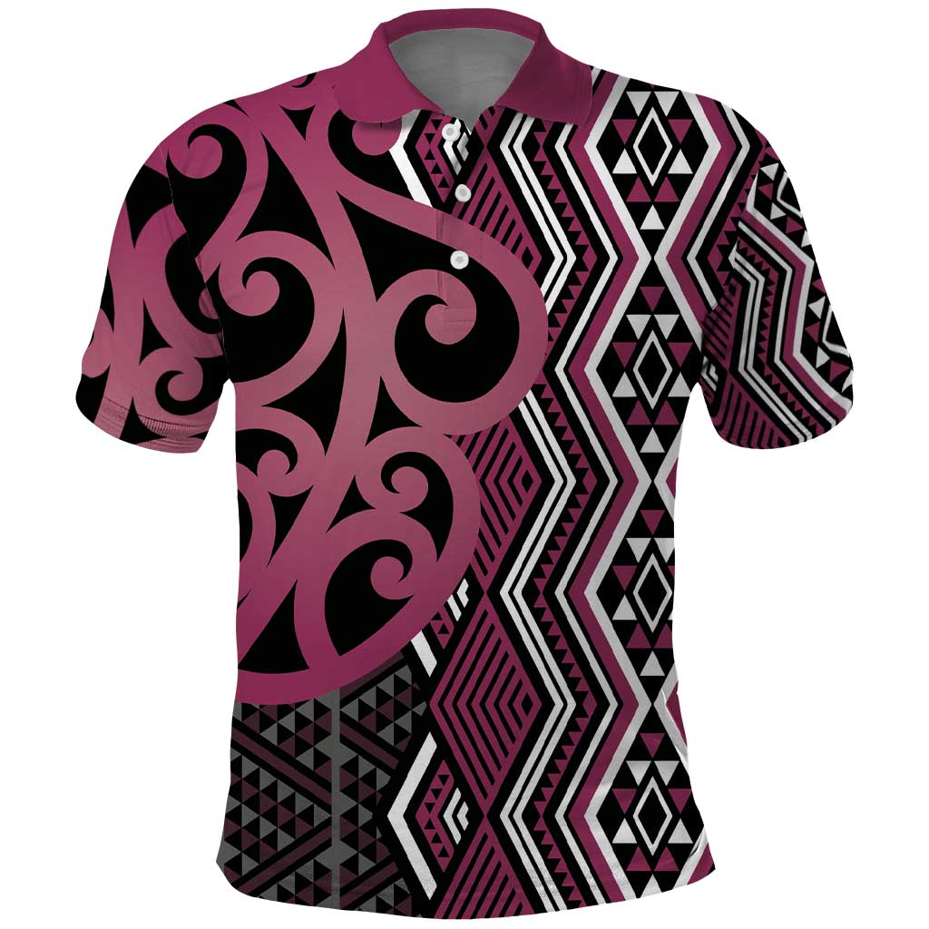 Maori Taniko Patterns Polo Shirt Pink Patiki Motifs Mix Whakairo Ngaru