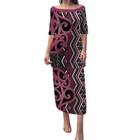 Maori Taniko Patterns Puletasi Pink Patiki Motifs Mix Whakairo Ngaru LT7 Long Dress Pink - Polynesian Pride