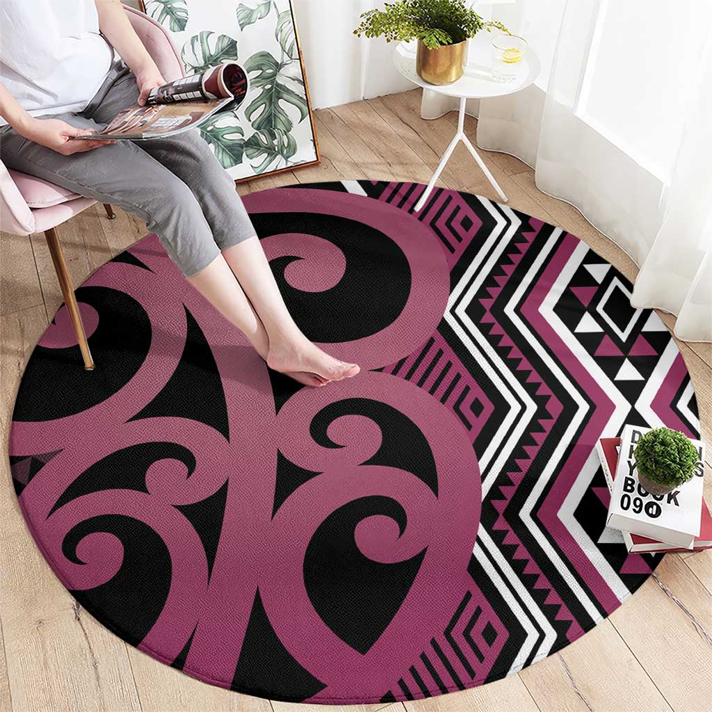 Maori Taniko Patterns Round Carpet Pink Patiki Motifs Mix Whakairo Ngaru