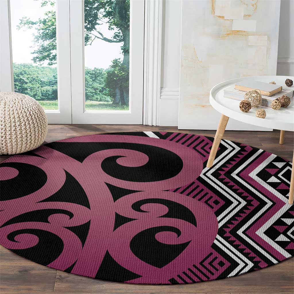 Maori Taniko Patterns Round Carpet Pink Patiki Motifs Mix Whakairo Ngaru