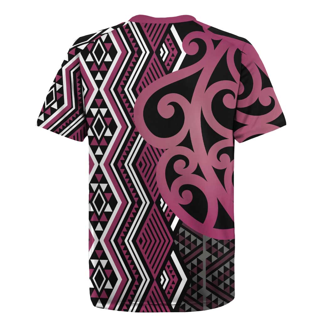 Maori Taniko Patterns Rugby Jersey Pink Patiki Motifs Mix Whakairo Ngaru